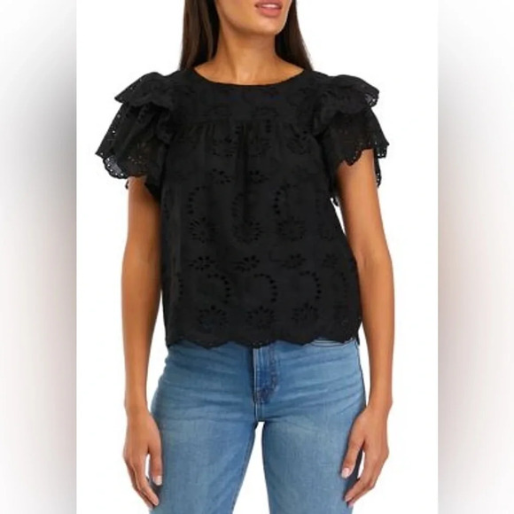 Industry Women's Double Ruffle Sleeve  Scallop Hem Eyelet Blouse Size S - Picture 1 of 9